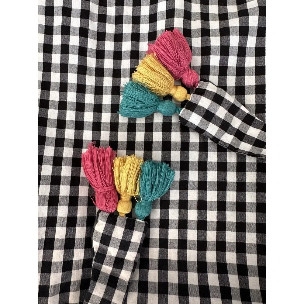Madewell Embroidered Gingham Top Tassel Tie Peasant Puff Sleeve Plaid SZ Med